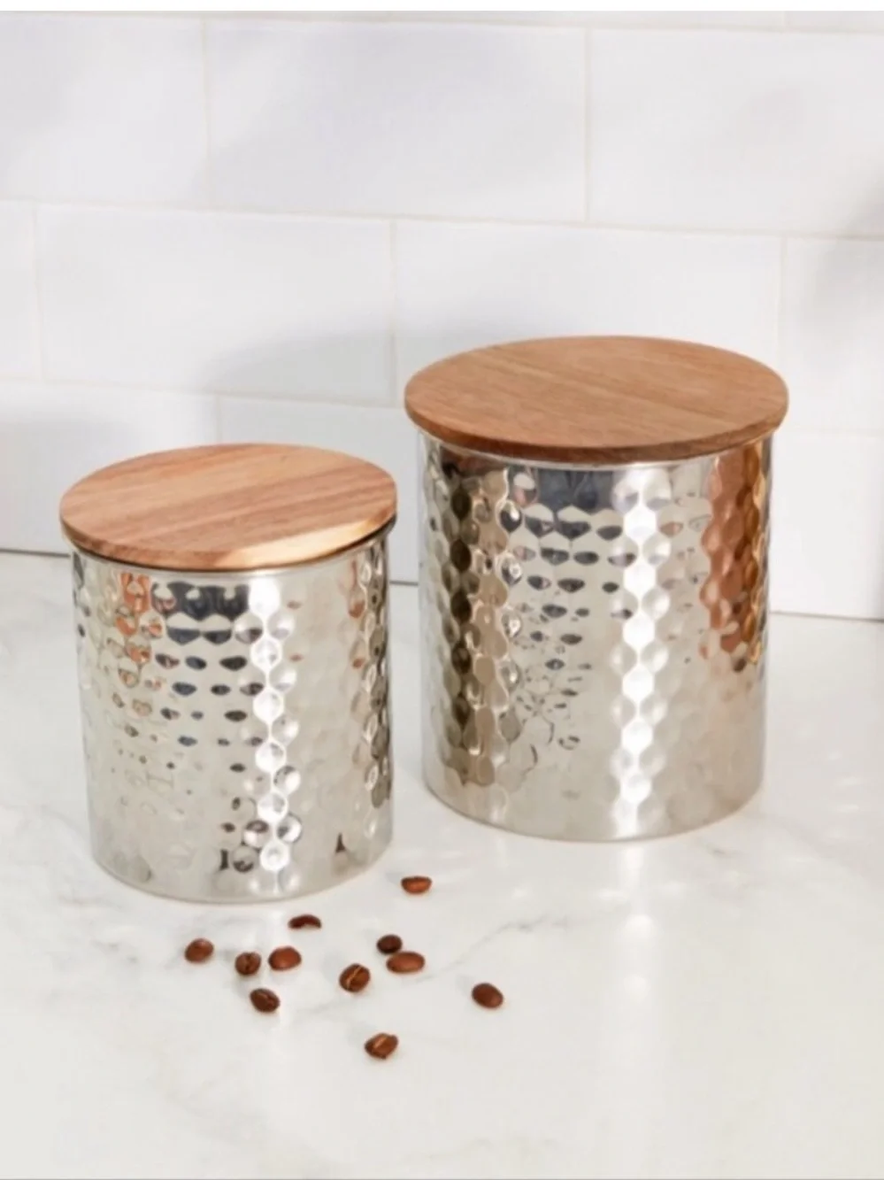 West Elm Set of 2 Uncommon James Hammered Silver Storage Canisters Wood Tops NEW
